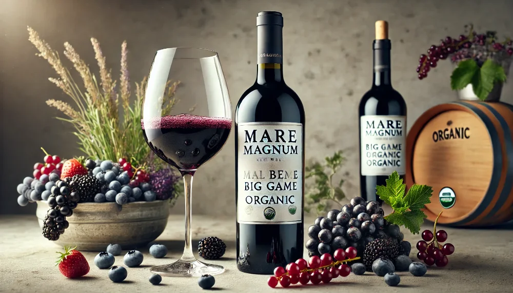 are Magnum Malbec Big Game Organic в преміальній подачі Пляшка Mare Magnum Malbec з келихом насиченого вина та свіжими ягодами на світлому тлі