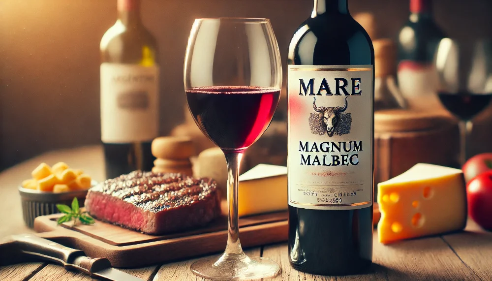 Mare Magnum Malbec в гастрономічній композиції Пляшка Mare Magnum Malbec з келихом вина поруч зі стравами південноамериканської кухні