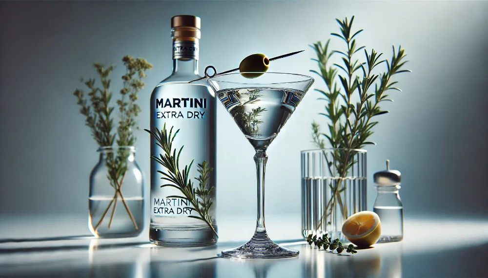 Martini Extra Dry: квінтесенція елегантності в світі вермутів Пляшка Martini Extra Dry з класичним коктейльним келихом, прикрашеним оливкою, в оточенні свіжих трав та цитрусових на білій поверхні