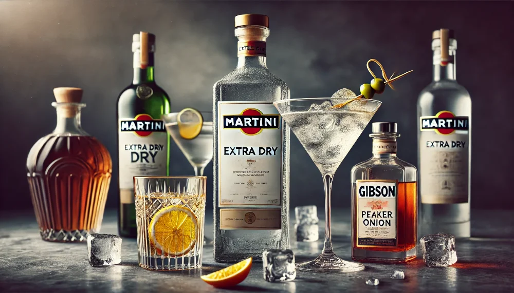 Класичні коктейлі з Martini Extra Dry: від Dry Martini до Negroni Пляшка Martini Extra Dry в оточенні трьох класичних коктейлів - Dry Martini, Gibson та Negroni на мармуровій поверхні