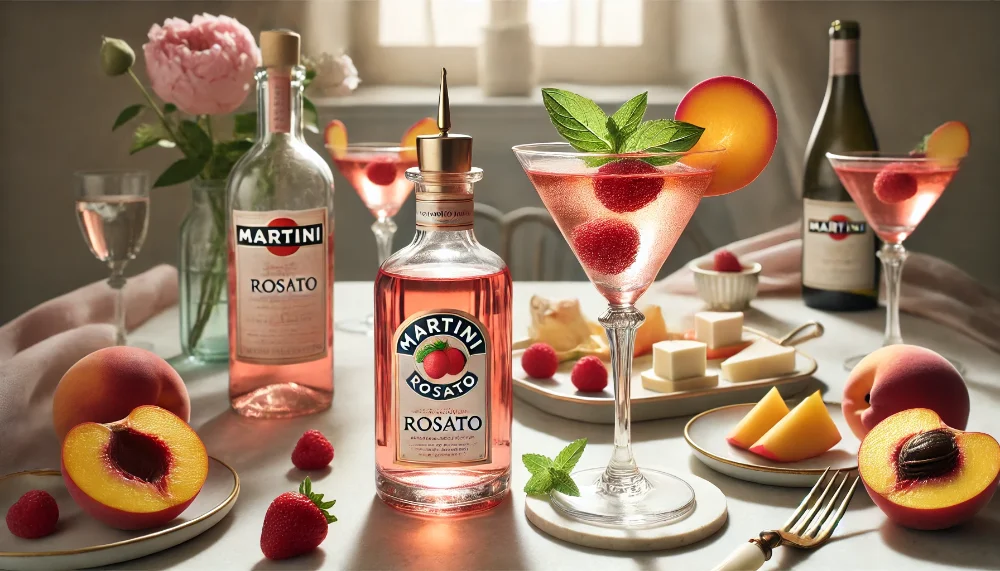 Martini Rosato: літня свіжість італійського вермуту з фруктовими нотами Пляшка Martini Rosato з келихом вермуту, прикрашеним малиною та м'ятою, поруч із тарілкою фруктів та сиру на мармуровій поверхні