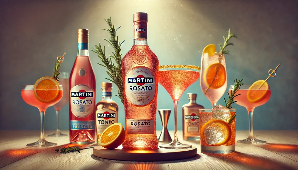 Коктейльні варіації з Martini Rosato: від класики до сучасних міксів Пляшка Martini Rosato в оточенні трьох коктейлів - Rosato Spritz, Rosato Tonic та Negroni Rosato на дерев'яній поверхні