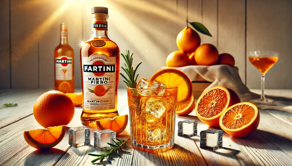 Martini Fiero: сучасний вермут з яскравим апельсиновим характером Пляшка Martini Fiero з келихом вермуту на льоду, прикрашеним свіжими апельсинами та розмарином, в оточенні цитрусових на дерев'яній поверхні