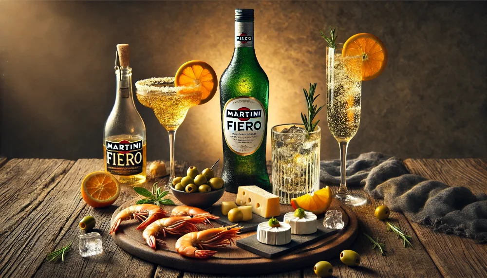 Martini Fiero: досконалий аперитив з середземноморськими закусками Пляшка Martini Fiero з коктейлями Fiero Tonic та Fiero Spritz, поруч із дошкою морепродуктів, сирів та маринадів