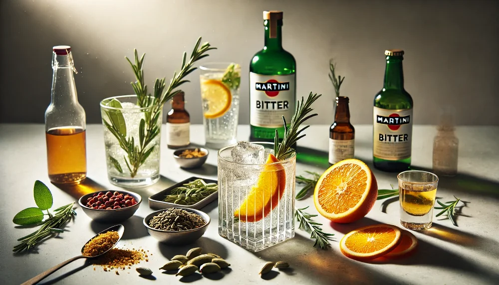 Складові досконалого смаку: Martini Bitter та його ароматичні компоненти Пляшка Martini Bitter з різними варіантами подачі та набором ароматичних трав і спецій на мармуровій поверхні
