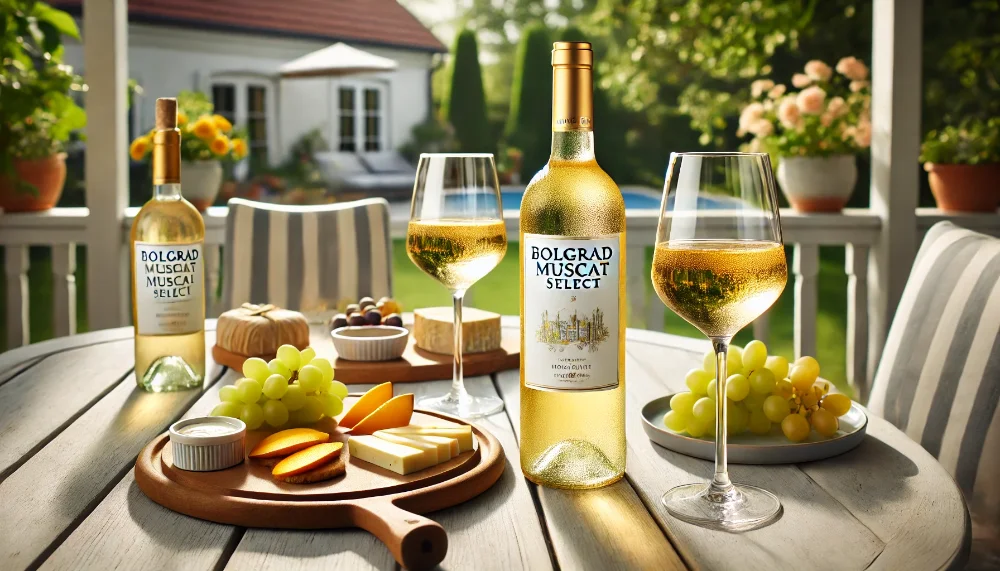 Досконале поєднання: Bolgrad Muscat Select з легкими закусками Охолоджена пляшка Bolgrad Muscat Select з келихами та елегантною сирною тарілкою на терасі
