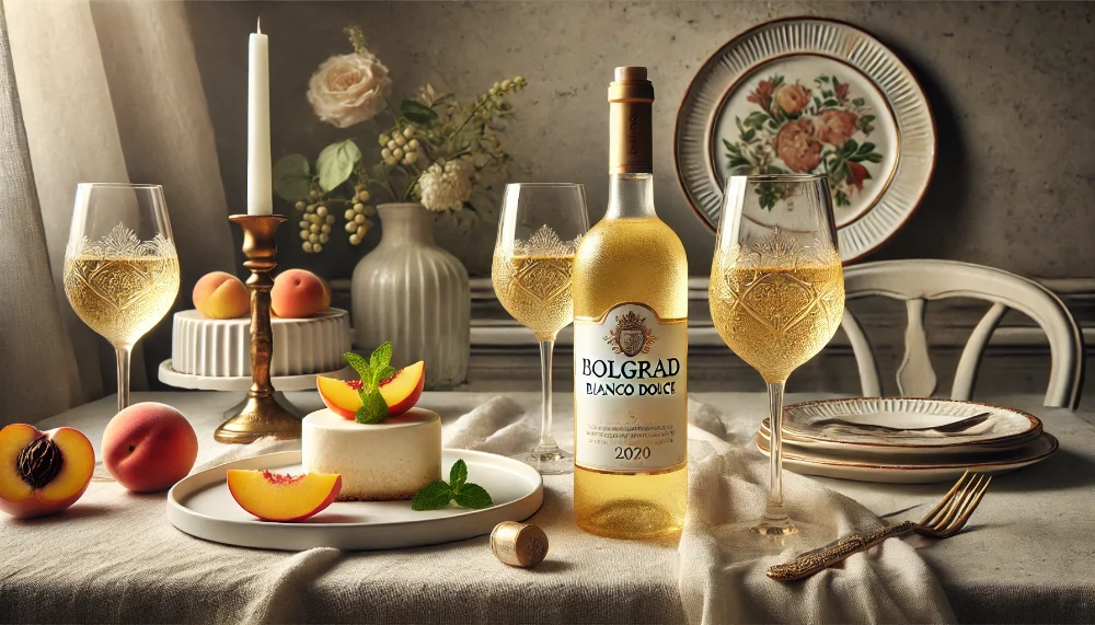 Bolgrad Bianco Dolce: гармонія солодкості та витонченості Пляшка Bolgrad Bianco Dolce з келихами вина, десертом та свіжими фруктами на світлому текстильному раннері