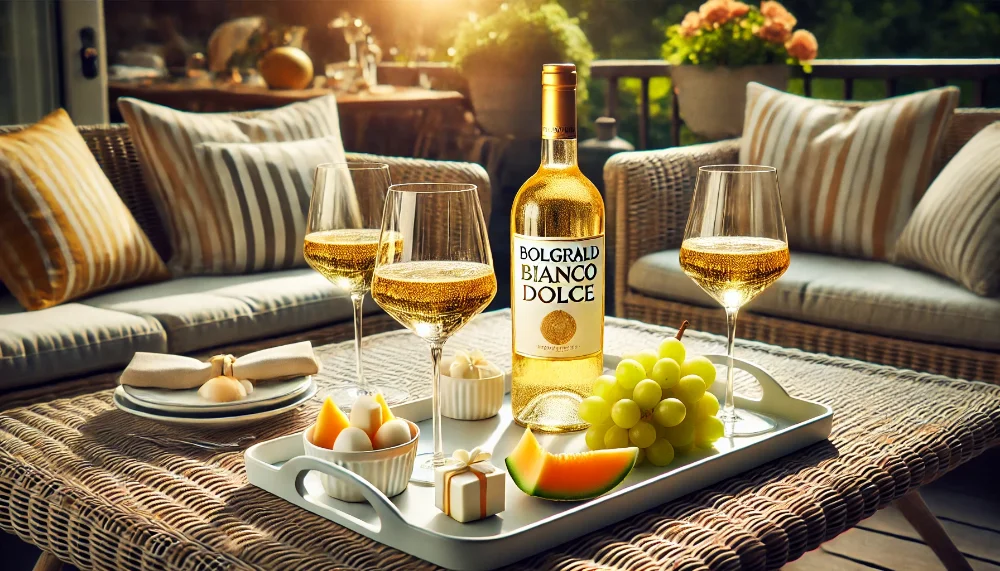 Досконале літнє поєднання: Bolgrad Bianco Dolce з фруктовими десертами Пляшка Bolgrad Bianco Dolce з келихами та десертною тацею з фруктами та шоколадом на плетеному столику