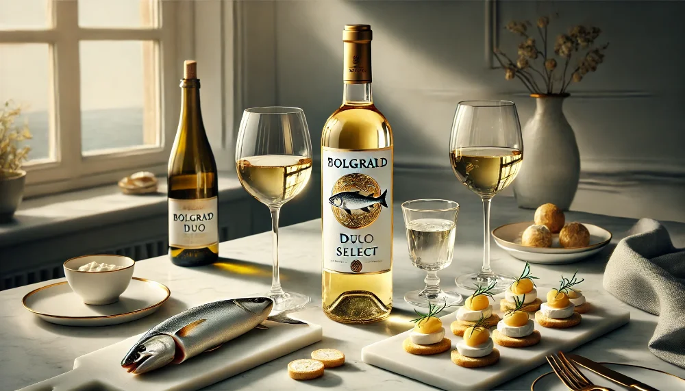 Bolgrad Duo Select: гармонія смаку в кожному келиху Пляшка Bolgrad Duo Select з келихами та вишуканими закусками з риби та сиру на мармуровій поверхні