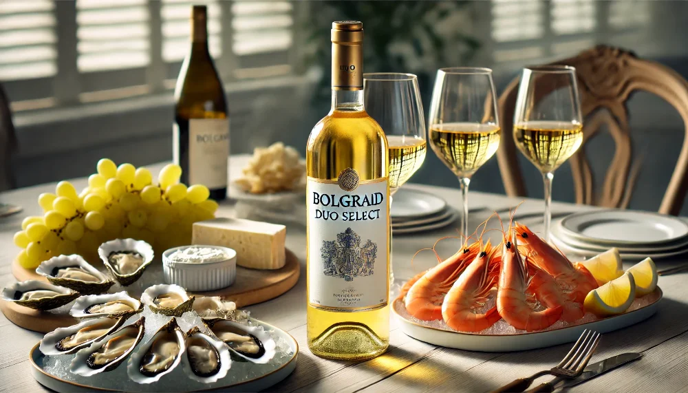 Досконале поєднання: Bolgrad Duo Select з морепродуктами Пляшка Bolgrad Duo Select з келихами, морепродуктами та сирною тарілкою на дерев'яному столі