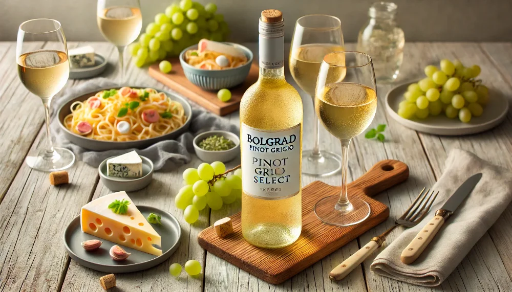 Bolgrad Pinot Grigio Select: ідеальний компаньйон для витончених страв Пляшка Bolgrad Pinot Grigio Select з келихами, сирною тарілкою та пастою на дерев'яному столі