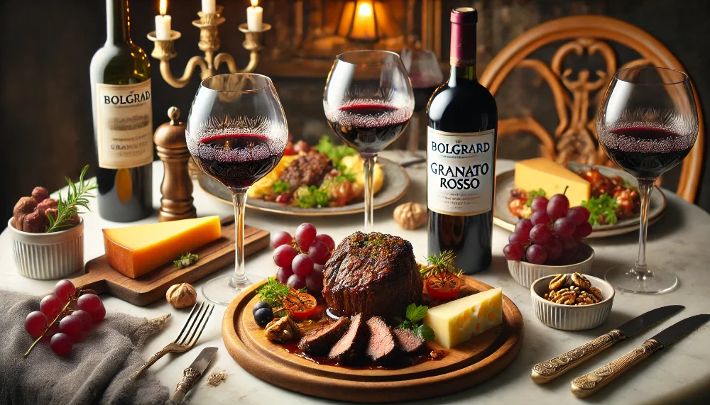Bolgrad Granato Rosso: симфонія смаку та аромату Пляшка Bolgrad Granato Rosso з келихами, тушкованою яловичиною та сирною дошкою на мармуровому столі