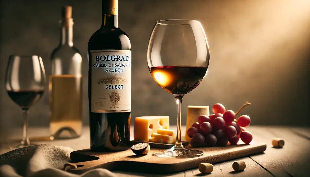 Bolgrad Cabernet Sauvignon Select в елегантній подачі Пляшка Bolgrad Cabernet Sauvignon Select поруч з наповненим келихом на світлому мармуровому столі з делікатними закусками