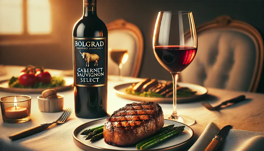 Вечеря з Bolgrad Cabernet Sauvignon Select Пляшка Bolgrad Cabernet Sauvignon Select у сервіруванні столу зі стейком та келихом вина