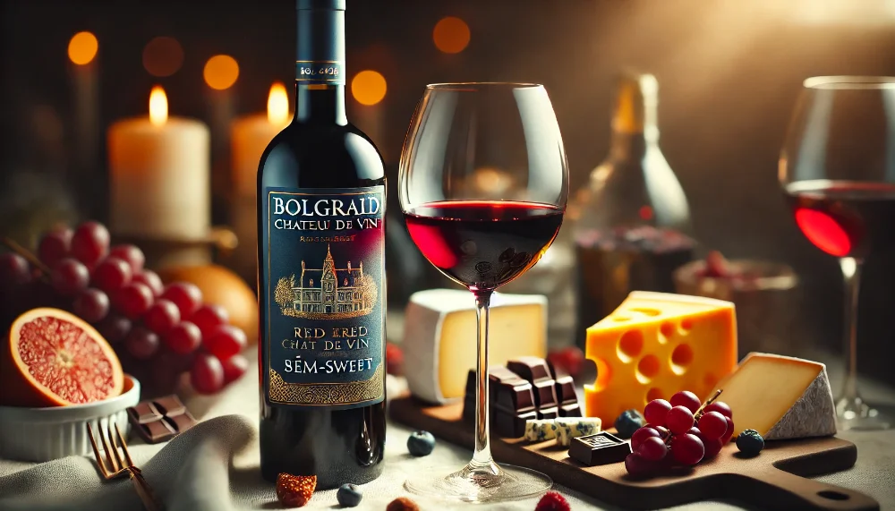 Bolgrad Шато де Вин червоне напівсолодке: вечірня елегантність Пляшка Bolgrad Шато де Вин червоне напівсолодке з келихом вина на білій скатертині в оточенні винних закусок
