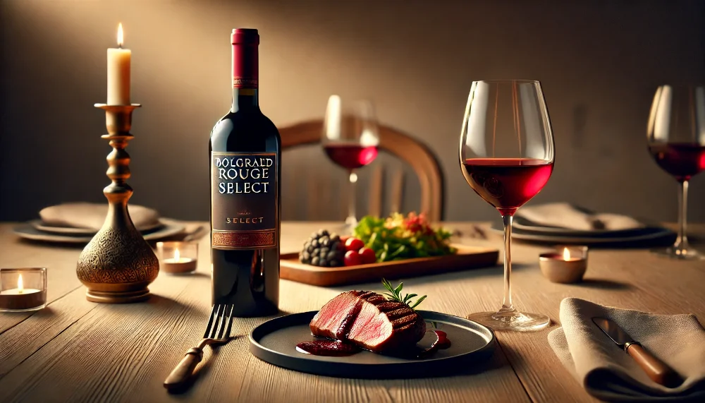Вечеря з Bolgrad Rouge Select Пляшка Bolgrad Rouge Select в оточенні вишуканих страв та келиха з вином на світлому дерев'яному столі
