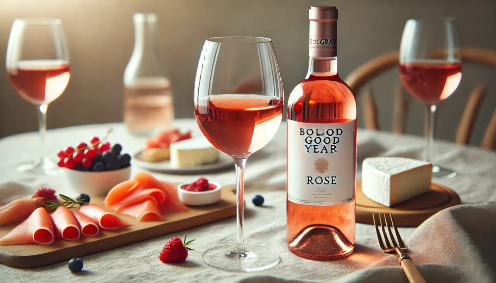 Bolgrad Good Year Rose: літня елегантність Пляшка Bolgrad Good Year Rose з наповненим келихом на фоні легких закусок в світлих тонах