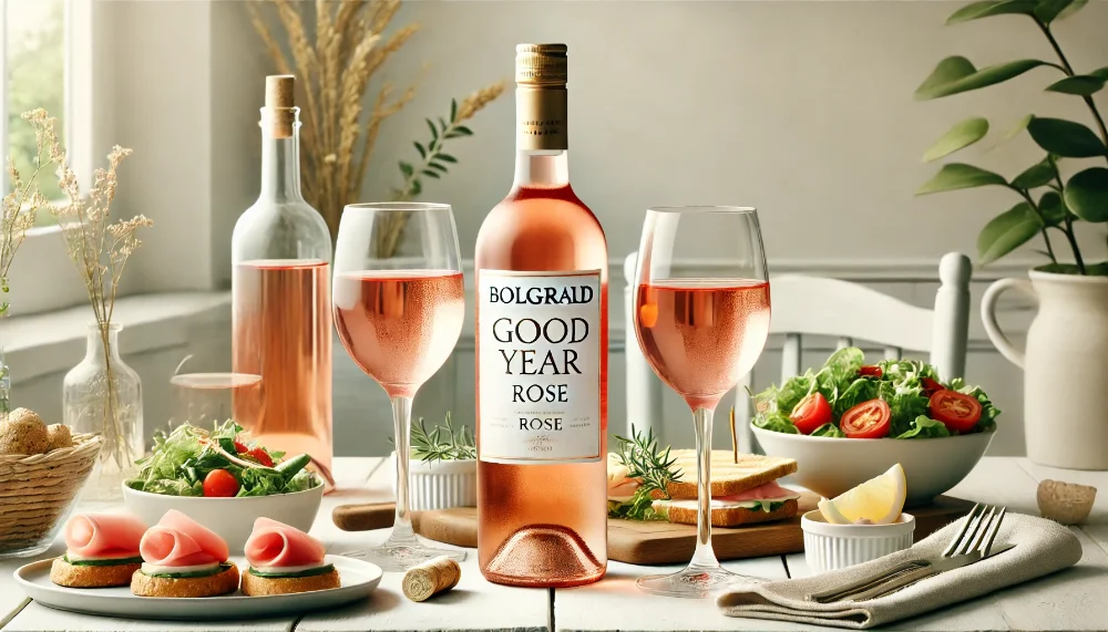 Гастрономічна насолода з Bolgrad Good Year Rose Пляшка Bolgrad Good Year Rose в оточенні середземноморських закусок та двох келихів на літній терасі