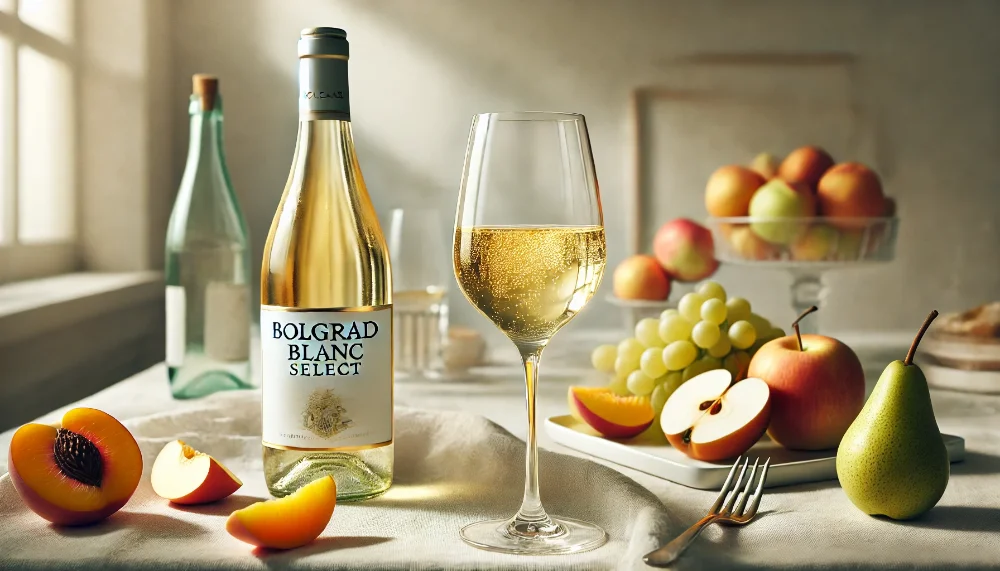Bolgrad Blanc Select: витончена легкість Пляшка Bolgrad Blanc Select біле напівсолодке з келихом вина на фоні фруктових закусок у світлих тонах