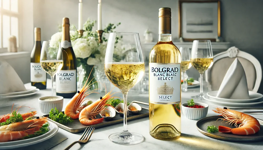 Святкова вечеря з Bolgrad Blanc Select Пляшка Bolgrad Blanc Select біле напівсолодке в оточенні вишуканих морепродуктів та келихів на світлому столі