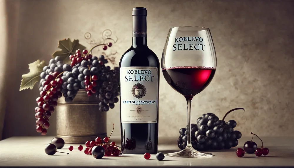 KOBLEVO SELECT Cabernet Sauvignon в преміальній подачі Пляшка KOBLEVO SELECT Cabernet Sauvignon з келихом червоного вина на фоні темних ягід