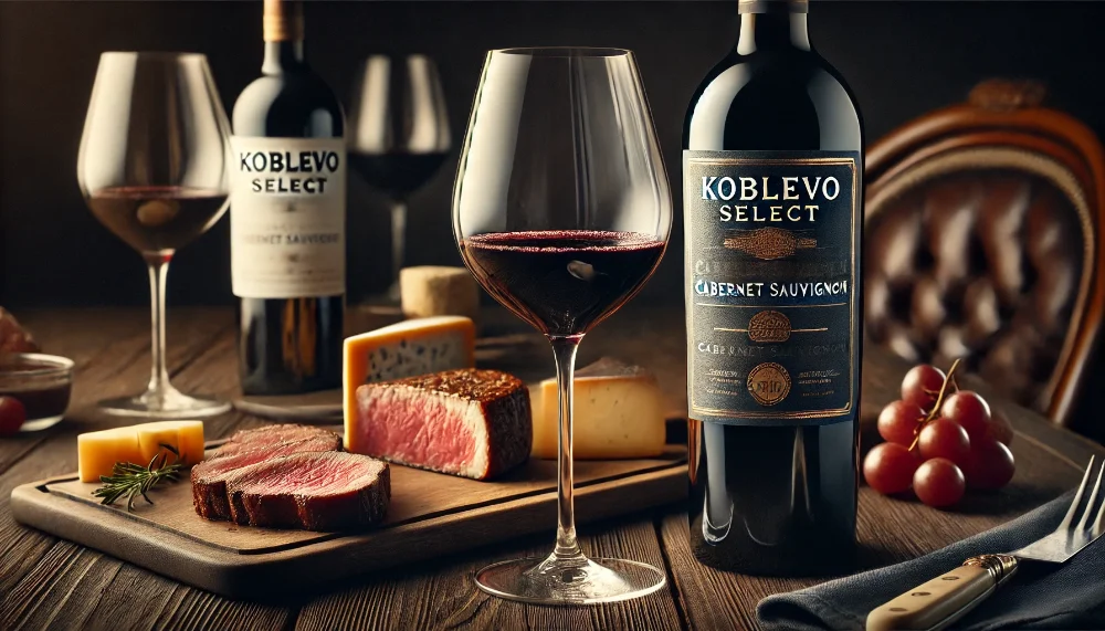 KOBLEVO SELECT Cabernet в гастрономічному поєднанні Пляшка KOBLEVO SELECT Cabernet з келихом вина поруч зі стейком та витриманими сирами