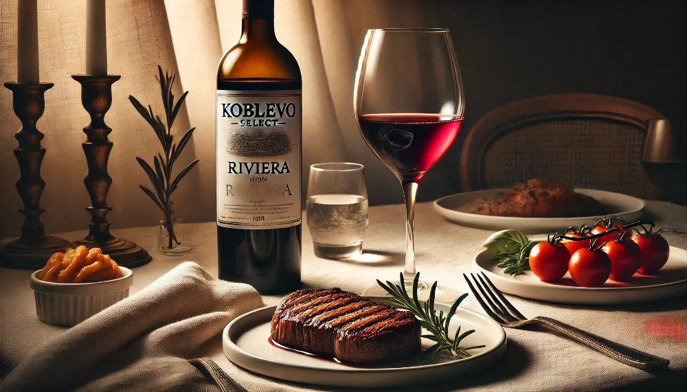 Вечеря з Koblevo Select Riviera: ідеальне поєднання Пляшка Koblevo Select Riviera зі стейком medium rare на білій скатертині, прикрашена свіжими травами
