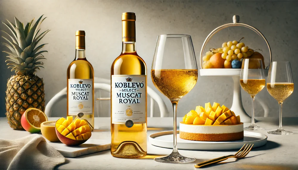 Koblevo Select Muscat Royal: десертна гармонія Пляшка Koblevo Select Muscat Royal з келихом білого вина поруч з тропічними фруктами на світлому тлі