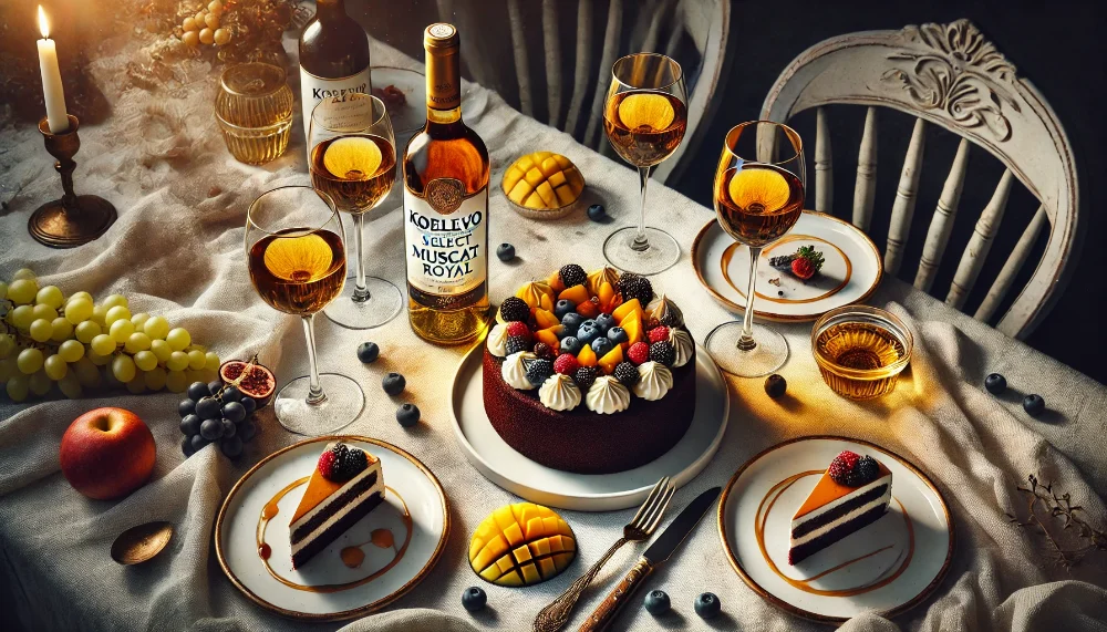 Святковий десерт з Koblevo Select Muscat Royal Пляшка Koblevo Select Muscat Royal в оточенні шоколадних десертів та свіжих фруктів на білій скатертині
