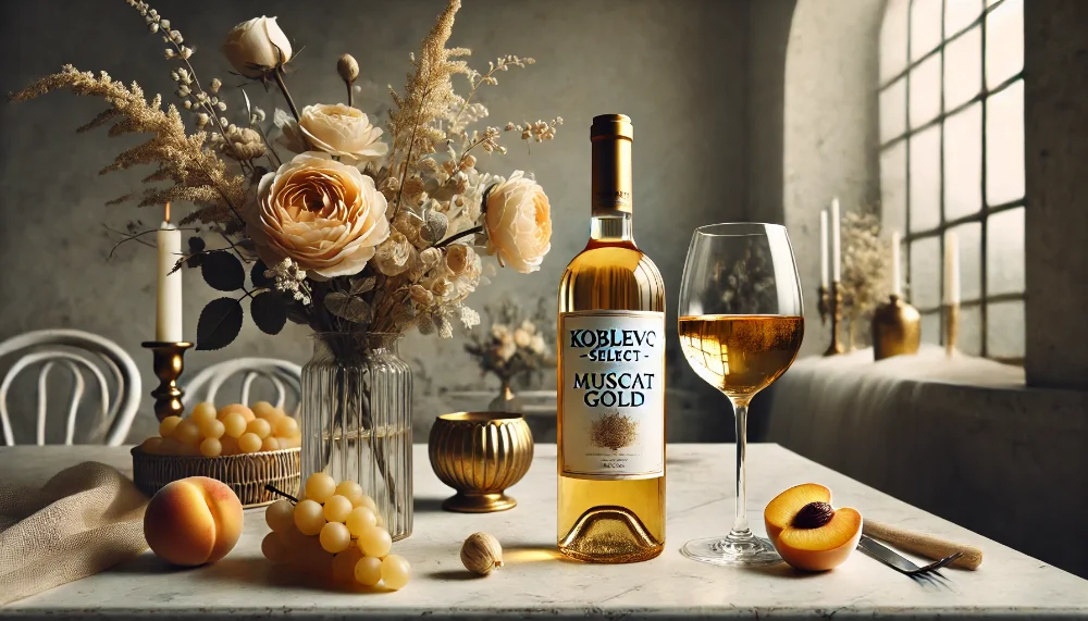 Koblevo Select Muscat Gold: елегантність у келиху Пляшка Koblevo Select Muscat Gold з келихом золотистого вина на тлі свіжих білих фруктів та квітів