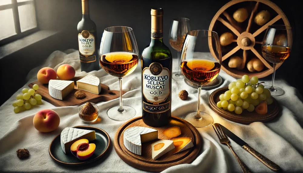 Вишукана дегустація Koblevo Select Muscat Gold Пляшка Koblevo Select Muscat Gold з делікатними закусками та сирами на світлій сервіровці з елементами декору