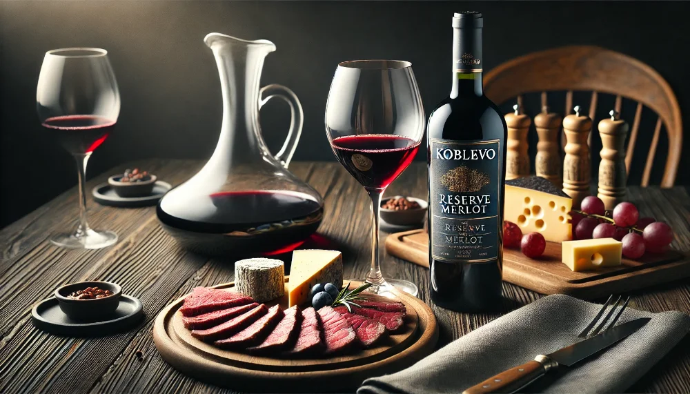 Koblevo Reserve Merlot: вечеря у вишуканому стилі Пляшка Koblevo Reserve Merlot з декантером та келихом червоного вина на фоні м'ясних делікатесів