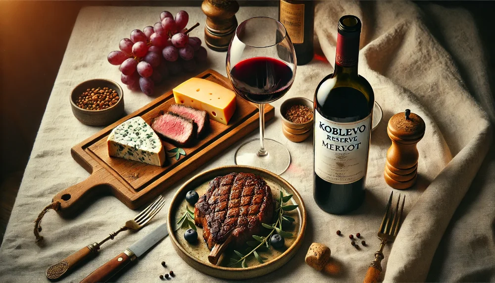 Витримане Merlot від Koblevo: ідеальне поєднання Пляшка Koblevo Reserve Merlot в оточенні сирів та м'ясних делікатесів на світлій скатертині