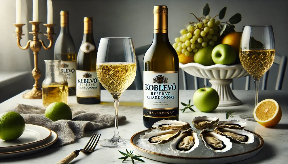 Koblevo Reserve Chardonnay: досконалість у білому вині Пляшка Koblevo Reserve Chardonnay з келихом білого вина на фоні морепродуктів та цитрусових
