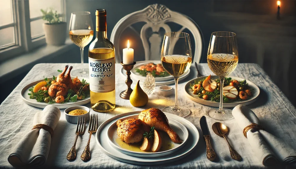 Вечеря з Koblevo Reserve Chardonnay Пляшка Koblevo Reserve Chardonnay в оточенні страв з морепродуктів та білого м'яса на світлій сервіровці
