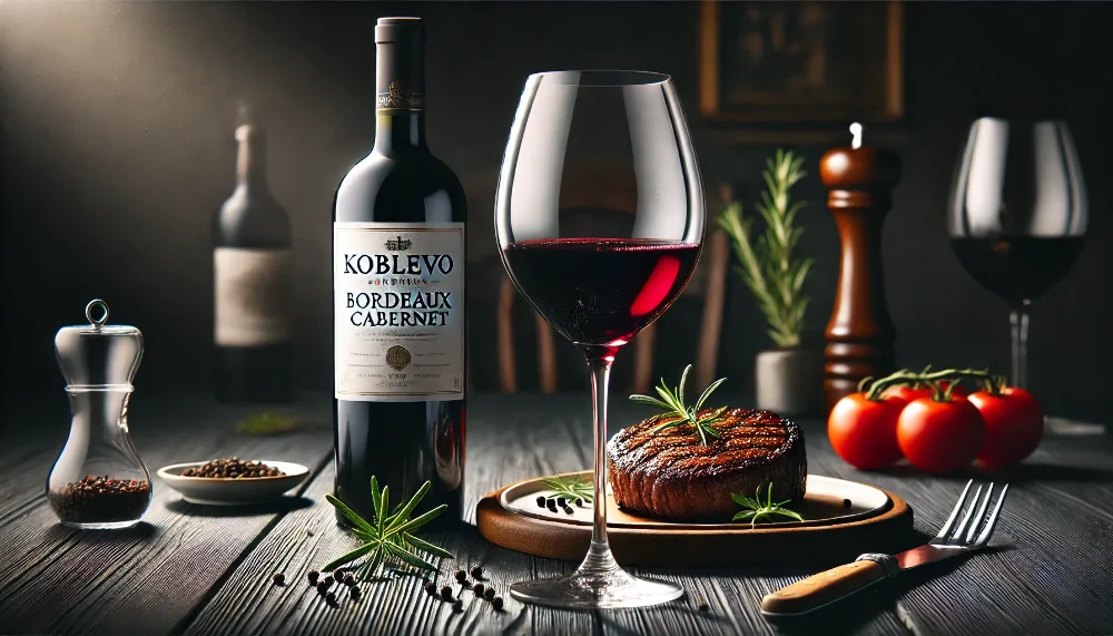 Koblevo Bordeaux Cabernet: втілення класики червоного вина Пляшка Koblevo Bordeaux Cabernet з келихом насиченого червоного вина на фоні м'ясних делікатесів