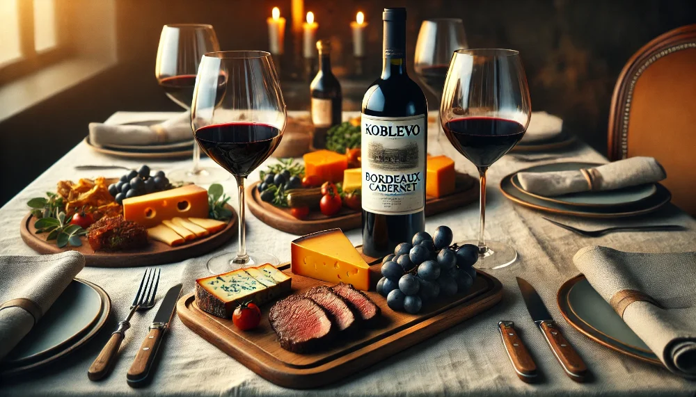 Вечеря з Koblevo Bordeaux Cabernet Пляшка Koblevo Bordeaux Cabernet із сирною тарілкою та стейком на елегантній світлій сервіровці