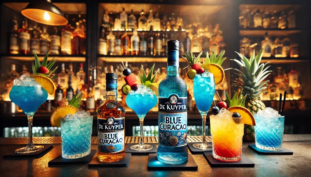 Професійна подача коктейлів з De Kuyper Blue Curacao Барна стійка з різними коктейлями на основі De Kuyper Blue Curacao, прикрашеними тропічними фруктами та льодом
