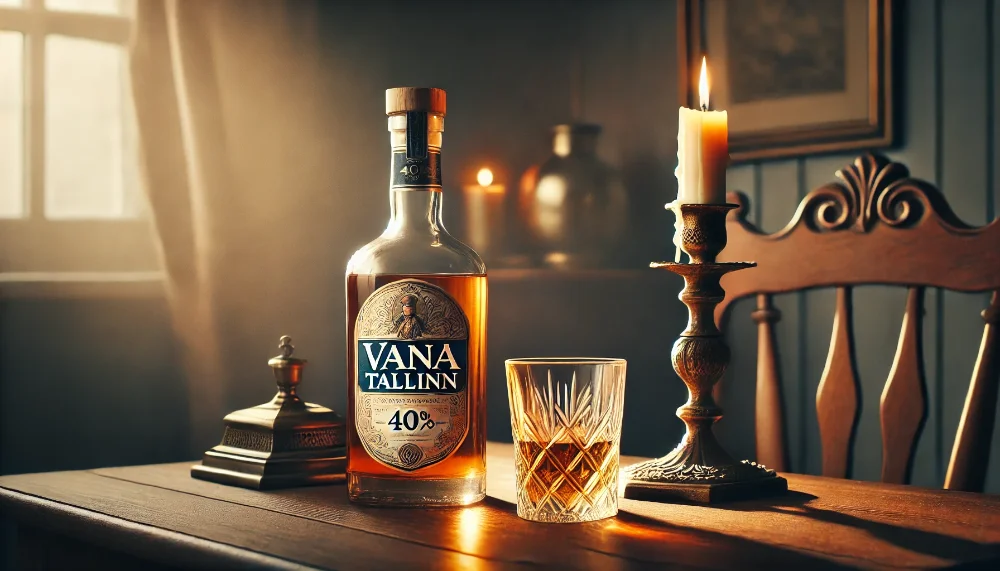 Класичний Vana Tallinn 40% в традиційній подачі Пляшка Vana Tallinn 40% на дерев'яному столі з кришталевим келихом та свічкою в старовинному підсвічнику