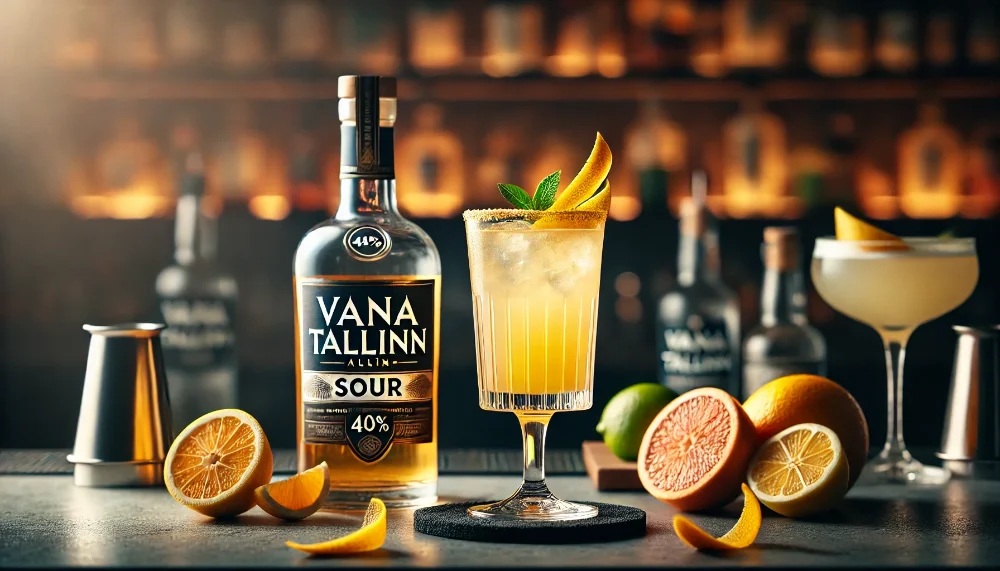 Коктейлі": title: Коктейль Vana Tallinn Sour з класичним лікером Високий келих з коктейлем Vana Tallinn Sour, пляшка Vana Tallinn 40% та свіжі цитрусові на барній стійці
