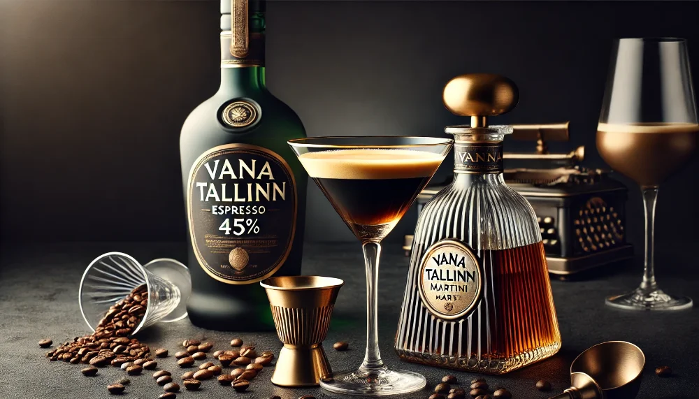 Коктейль Vana Tallinn Espresso Martini Пляшка Vana Tallinn 45% поруч з коктейльним келихом Espresso Martini та кавовими зернами
