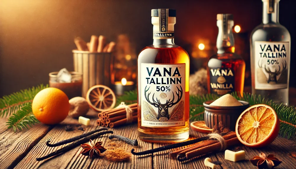 Vana Tallinn 50% на дерев'яному столі з різдвяними спеціями Пляшка Vana Tallinn 50% з золотою етикеткою в оточенні кориці, ванілі та цитрусових на текстурованому дерев'яному столі