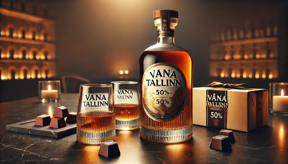 Дегустація Vana Tallinn 50% у правильному подаванні Пляшка Vana Tallinn 50% поруч з двома спеціальними дегустаційними келихами на темному мармуровому столі з шоколадними цукерками