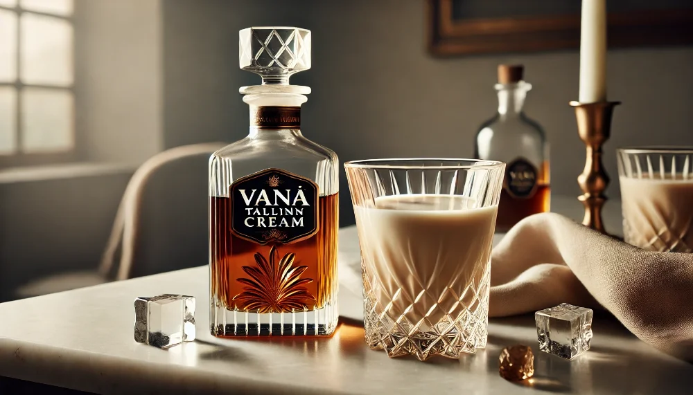 Вишукана подача Vana Tallinn Cream Пляшка Vana Tallinn Cream та наповнений келих з кремовим лікером на мармуровому столі