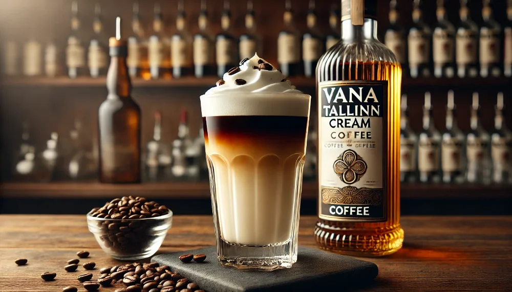 Коктейль з Vana Tallinn Cream та кавою Високий келих з коктейлем на основі Vana Tallinn Cream з кавовими зернами та пляшкою лікеру