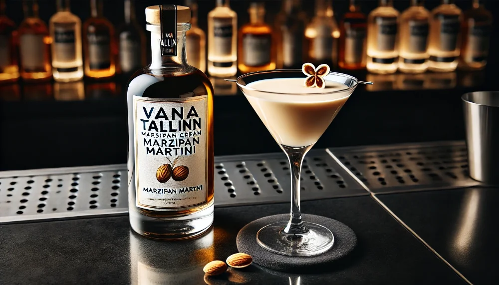 Marzipan Martini з Vana Tallinn Marzipan Cream Коктейльний келих з Marzipan Martini та пляшкою Vana Tallinn Marzipan Cream на барній стійці