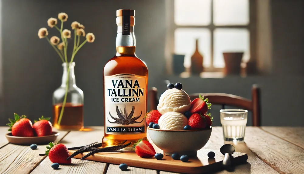Vana Tallinn Ice Cream з десертною композицією Пляшка Vana Tallinn Ice Cream поруч з морозивом та ягідним декором на дерев'яному столі