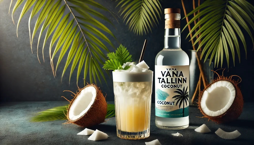 Освіжаючий коктейль з Vana Tallinn Coconut Високий келих з тропічним коктейлем на основі Vana Tallinn Coconut з кокосовим декором