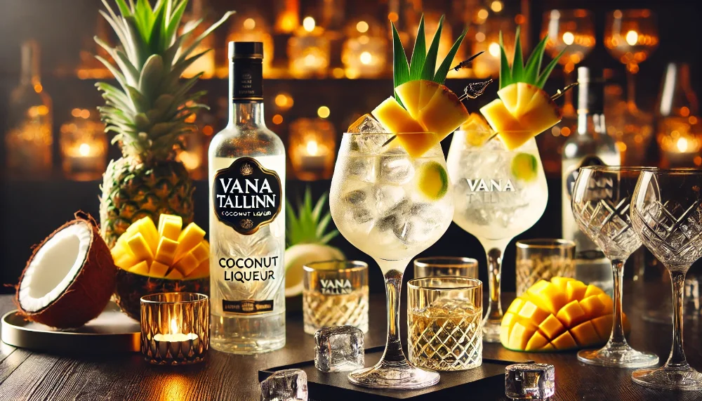 Подача Vana Tallinn Coconut на літній вечірці Елегантні келихи з Vana Tallinn Coconut, прикрашені свіжими фруктами на барній стійці