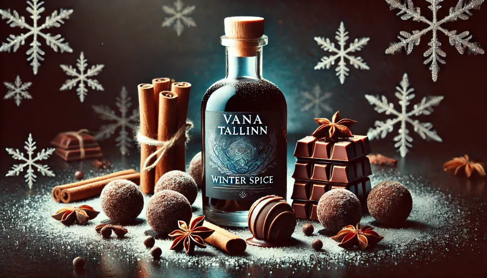 Десертна композиція з Vana Tallinn Winter Spice Пляшка Vana Tallinn Winter Spice з шоколадними трюфелями та зимовими спеціями на темному тлі